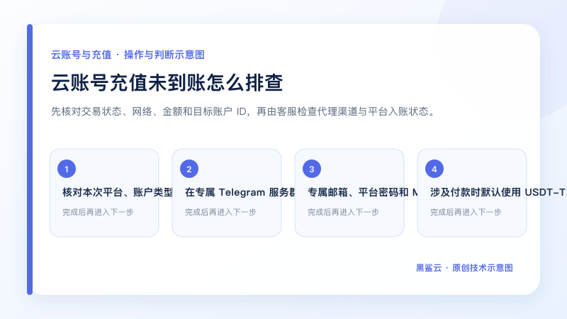 云账号充值未到账怎么排查的关键检查点和操作顺序示意图